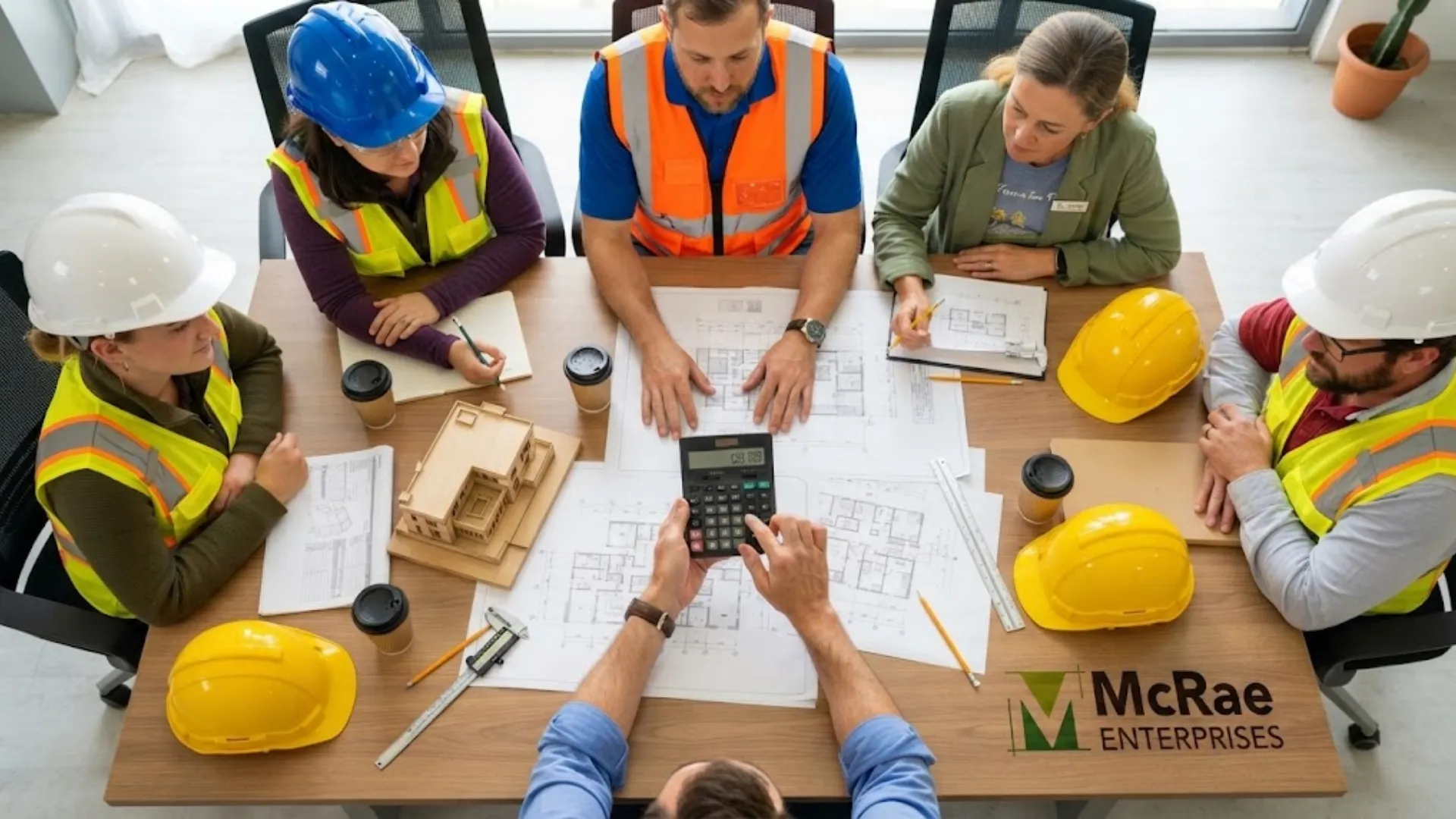 A professional top-down view of a construction team reviewing architectural blueprints and calculating commercial construction costs around a conference table branded with McRae Enterprises.