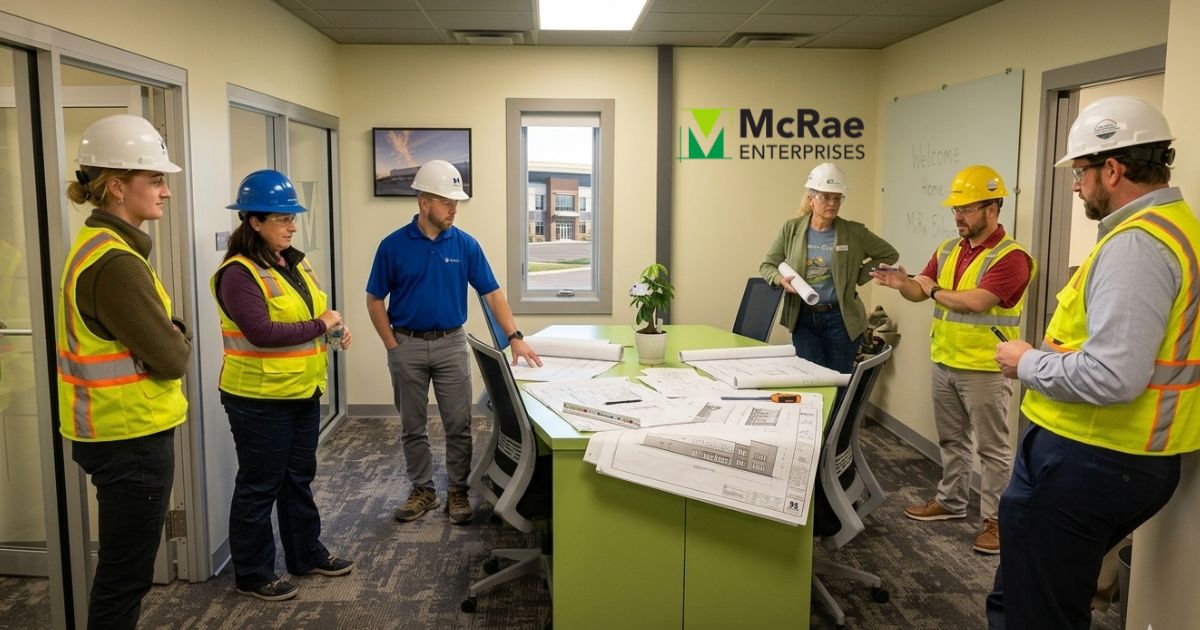 General contractor team from McRae Enterprises conducting pre-construction planning and analyzing architectural blueprints in a commercial office