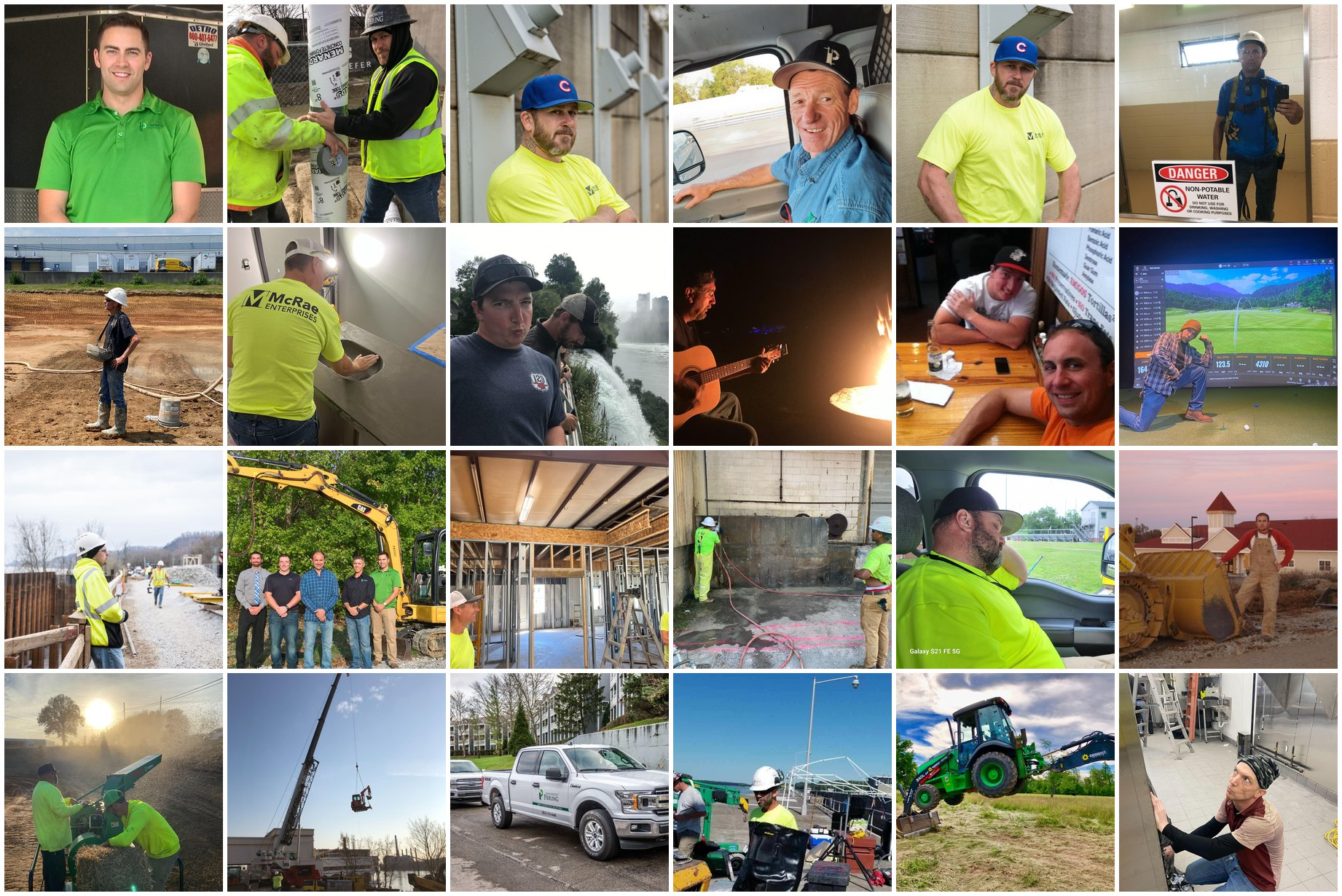 Collage of McRae team members, crews and jobsites from twenty years of photos